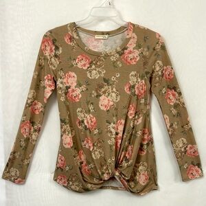 Twenty Second Long Sleeve Rose Print Twist Hem Top / Size small